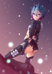 Rule 34 | 1girl, arms at sides, ass, back, black thighhighs, blue eyes, blue hair, blush, breasts, broken, brown eyes, closed mouth, dutch angle, eyelashes, from behind, gloves, gradient background, gradient hair, hair between eyes, heterochromia, highres, horns, io (pso2), kneeling, light particles, looking at viewer, looking back, matching hair/eyes, midriff, multicolored hair, oni horns, phantasy star, phantasy star online 2, purple hair, shin guards, short hair, short shorts, shorts, sleeves past wrists, small breasts, smile, solo, tattoo, thighhighs, torn clothes, torn shorts, torn sleeves, torn thighhighs, two-tone hair, underboob, white gloves, yoshida iyo