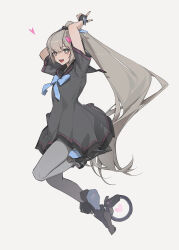 Rule 34 | 1girl, aqua neckerchief, arms up, black dress, black eyes, black gloves, chinese commentary, commentary, dress, fingerless gloves, from side, full body, gloves, grey background, grey hair, grey pantyhose, hair ornament, heart, heart hair ornament, high ponytail, highres, jumping, light blush, long hair, looking at viewer, midair, nanami: pulse (punishing: gray raven), nanami (punishing: gray raven), neckerchief, official alternate costume, open mouth, pantyhose, pleated skirt, punishing: gray raven, roller shoes, sailor collar, sailor dress, shoes, short sleeves, simple background, skirt, smile, solo, symbol-shaped pupils, v, very long hair, wheel, x-shaped pupils, xtears kitsune