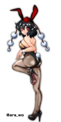 Rule 34 | 1girl, animal ears, ara wo, ass, black hair, black leotard, breasts, commentary request, detached collar, fake animal ears, fake tail, fishnet pantyhose, fishnets, from behind, full body, hat, high heels, highleg, highleg leotard, highres, leotard, looking back, medium breasts, medium hair, pantyhose, playboy bunny, pointy ears, pom pom (clothes), rabbit tail, red eyes, shameimaru aya, solo, standing, standing on one leg, strapless, strapless leotard, tail, tokin hat, touhou, twitter username, wrist cuffs