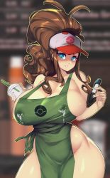 Rule 34 | 1girl, ahoge, apron, bare arms, blue eyes, blurry, blurry background, breasts, brown hair, closed mouth, commentary, creatures (company), cup, eyelashes, game freak, green apron, hands up, highres, hilda (pokemon), holding, holding cup, holding pen, huge breasts, iced latte with breast milk (meme), lactation, lactation through clothes, long hair, looking at viewer, meme, nintendo, pen, pokemon, pokemon bw, raised eyebrows, ricechan, solo
