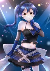 Rule 34 | 1girl, absurdres, alternate hairstyle, artist name, artist request, back bow, bare legs, bare shoulders, belt, belt buckle, belt skirt, black choker, black hat, black skirt, blue gloves, blue hair, blue skirt, blush, bow, breasts, brown eyes, buckle, checkered clothes, checkered skirt, choker, collarbone, dress, earrings, elbow gloves, female focus, fingerless gloves, floral print, flower print, garter belt, gem, gloves, hair between eyes, hair tie, hat, highres, jewelry, legwear garter, long hair, looking at viewer, love live!, love live! school idol festival, love live! school idol project, medium breasts, miniskirt, nail, nail polish, neck flower, on stage, parted lips, pearl (gemstone), pink lips, pink nails, plaid, plaid skirt, pleated, pleated skirt, ponytail, punk rock, side ponytail, single legwear garter, skirt, smile, solo, sonoda umi, stage, stage lights, star (symbol), star earrings, two-tone skirt, white belt, white bow, yellow eyes, zipper dress