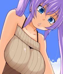 Rule 34 | 1girl, blue eyes, breasts, from below, large breasts, long hair, looking at viewer, momo (fruits box), original, parted lips, purple hair, ribbed sweater, solo, sweater, twintails