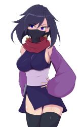 Rule 34 | 1girl, absurdres, ayame (gundam build divers), black thighhighs, breasts, cowboy shot, detached sleeves, gundam, gundam build divers, highres, honma (honmatomohiro), japanese clothes, large breasts, long hair, looking at viewer, mask, mouth mask, ninja, ninja mask, purple eyes, red scarf, scarf, sideboob, simple background, solo, swept bangs, thighhighs, white background