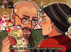 Rule 34 | 2boys, animification, artist name, bald, beanie, beard, blush, breaking bad, brown facial hair, commentary, english commentary, english text, facial hair, glasses, goatee, green eyes, hat, highres, holding, holding paper, huyandere, jesse pinkman, looking at another, male focus, multiple boys, open mouth, paper, photo inset, scene reference, subtitled, walter white, wrinkled skin