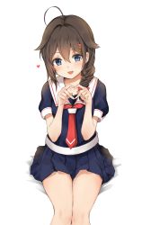 Rule 34 | 1girl, absurdres, ahoge, black serafuku, blue eyes, blush, braid, brown hair, collarbone, commentary request, dorok, fang, hair between eyes, hair flaps, hair ornament, hair over shoulder, hair ribbon, hairclip, heart, heart hands, highres, kantai collection, looking at viewer, neckerchief, open mouth, pleated skirt, red neckerchief, ribbon, school uniform, serafuku, shigure (kancolle), shigure kai ni (kancolle), simple background, single braid, sitting, skirt, smile, solo, spoken heart, white background