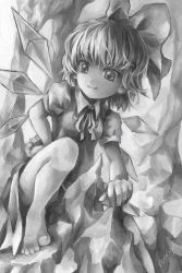 Rule 34 | 1girl, artist name, bad id, bad pixiv id, bare legs, barefoot, cirno, dress, greyscale, hair ribbon, hand on own hip, highres, looking at viewer, monochrome, nagayo, puffy short sleeves, puffy sleeves, ribbon, rock, short hair, short sleeves, sitting, smile, solo, touhou, wings