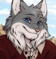 Rule 34 | 1boy, aluminemsiren (orion), blue eyes, blue sky, cloud, cloudy sky, cross pendant, echo (visual novel), echo project, furry, furry male, highres, jewelry, looking at viewer, male focus, mountainous horizon, necklace, red shirt, shirt, sky, smile, tj hess, upper body