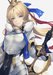 Rule 34 | 1girl, armor, artoria caster (fate), artoria caster (third ascension) (fate), artoria pendragon (fate), banned artist, black gloves, blonde hair, blue ribbon, blush, breastplate, breasts, crown, dress, elbow gloves, facial mark, fate/grand order, fate (series), faulds, forehead mark, fur collar, gloves, green eyes, hair ribbon, kyoeiki, long hair, long sleeves, looking at viewer, ribbon, small breasts, smile, twintails, weapon, white dress