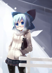 Rule 34 | 1girl, alternate costume, bespectacled, blue eyes, blue hair, bow, breath, cirno, coat, contemporary, glasses, hair bow, hands in pockets, jacket, matching hair/eyes, pantyhose, perfect cherry blossom, pleated skirt, shin (new), short hair, skirt, snow, solo, touhou, wings