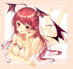 Rule 34 | 1girl, ahoge, alternate costume, arm support, ass, bare arms, bare shoulders, barefoot, breasts, cleavage, full body, head wings, highres, koakuma, large breasts, long hair, looking at viewer, lying, nenobi (nenorium), nightgown, on stomach, red eyes, red hair, see-through, smile, solo, star (symbol), tongue, tongue out, touhou, twitter username, wings