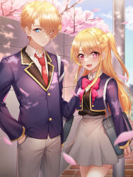 Rule 34 | 1boy, 1girl, :d, absurdres, bag, black vest, blonde hair, blue eyes, blue jacket, blue sky, blush, bow, bowtie, brother and sister, buttons, cherry blossoms, closed mouth, cloud, collared shirt, commentary, cowboy shot, cropped jacket, crossed bangs, dappled sunlight, day, expressionless, falling petals, gold trim, grey bag, grey pants, grey skirt, hair between eyes, hair over one eye, hand in pocket, high-waist skirt, highres, hoshino aquamarine, hoshino ruby, jacket, lapels, light particles, long hair, long sleeves, looking at viewer, necktie, one side up, open clothes, open jacket, open mouth, oshi no ko, outdoors, pants, parted bangs, petals, pink bow, pink bowtie, red eyes, red necktie, school bag, school uniform, shirt, shirt tucked in, short hair, shoulder bag, siblings, sidelocks, skirt, sky, smile, sonyj6914, standing, star-shaped pupils, star (symbol), stone wall, sunlight, symbol-shaped pupils, teeth, tree, twins, upper teeth only, v-shaped eyebrows, vest, wall, white shirt, wing collar, youtou high school uniform