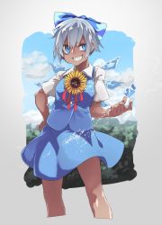 Rule 34 | 1girl, blue bow, blue eyes, blue skirt, blue vest, bow, cirno, cropped legs, dark-skinned female, dark skin, grey hair, grin, hair bow, hand on own hip, highres, ice, ice wings, looking at viewer, miniskirt, reiga (act000), shirt, short hair, short sleeves, skirt, smile, solo, standing, tanned cirno, touhou, vest, white shirt, wings