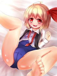 Rule 34 | 1girl, ahoge, bad id, bad pixiv id, barefoot, blonde hair, fang, feet, hair ribbon, highres, kapu (tetete8901), long sleeves, lying, on back, one-piece swimsuit, open mouth, red eyes, ribbon, rumia, school swimsuit, shirt, short hair, smile, solo, spread legs, swimsuit, swimsuit under clothes, touhou, vest