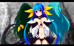 Rule 34 | 1girl, arc system works, asymmetrical wings, bare shoulders, blue hair, blush, bow, breasts, choker, cleavage, detached sleeves, dizzy (guilty gear), guilty gear, hair bow, long hair, navel, necro (guilty gear), red eyes, ribbon, sw (taco), tail, tail ornament, tail ribbon, twintails, undine (guilty gear), wings