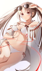 Rule 34 | 1girl, bare shoulders, bikini, blush, breasts, brown eyes, brown hair, cleavage, collarbone, earrings, eyewear on head, fate/grand order, fate (series), highres, jewelry, long hair, looking at viewer, medium breasts, multiple earrings, navel, open clothes, robe, simple background, smile, sunglasses, swimsuit, thighs, tsukise miwa, twintails, very long hair, white background, white bikini, yu mei-ren (fate), yu mei-ren (swimsuit lancer) (fate)
