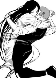 Rule 34 | 2boys, arm around neck, arms up, black footwear, black hair, black pants, black vest, closed eyes, closed mouth, commentary, feet out of frame, golden kamuy, grey hair, greyscale, highres, holding hands, hug, interlocked fingers, korean commentary, long hair, male focus, monochrome, multiple boys, oosawa fusatarou, pants, shiraishi yoshitake, shirt, shoes, short hair, simple background, sleeves rolled up, smile, timnehparrot, very short hair, vest, white background, white pants, white shirt, yaoi