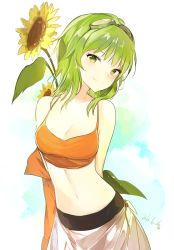 Rule 34 | 1girl, arms behind back, bare shoulders, blush, breasts, cleavage, commentary, crop top, flower, goggles, goggles on head, green eyes, green hair, gumi, looking at viewer, lpip, matching hair/eyes, medium breasts, midriff, navel, sarong, seductive smile, short hair, simple background, skirt, smile, solo, sunflower, vocaloid
