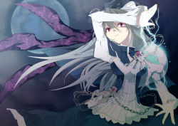 Rule 34 | 1girl, breasts, capelet, chain, dress, female focus, gradient hair, green hair, grey hair, hat, impossible clothes, impossible dress, katayama kei, long hair, mima (touhou), moon, multicolored hair, red eyes, solo, touhou, touhou (pc-98), wings, wizard hat