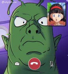Rule 34 | 1boy, 1girl, angry, artist request, black eyes, black hair, blue eyes, blush stickers, camera phone, colored skin, dragon ball, dragon ball super, dragon ball super super hero, green skin, hairband, highres, looking at another, looking at viewer, piccolo, pointy ears, standing, twitter username, videl