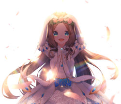 Rule 34 | 1girl, absurdres, arms up, backlighting, blue eyes, breasts, brown hair, commentary request, dress, elbow gloves, fate/grand order, fate (series), feathers, flower, flower wreath, forehead, gloves, hands on own head, head wreath, highres, leonardo da vinci (fate), leonardo da vinci (rider) (third ascension) (fate), long hair, parted bangs, petals, pink flower, pink rose, puffy short sleeves, puffy sleeves, rose, short sleeves, small breasts, solo, suisen-21, very long hair, white background, white dress, white flower, white gloves, yellow flower