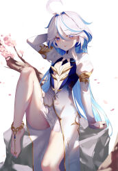 Rule 34 | 1girl, :p, ahoge, aoi (buzhuen444), arm up, barefoot, blue eyes, blue hair, breasts, cherry blossoms, colored inner hair, drop-shaped pupils, feet, furina (genshin impact), genshin impact, hair between eyes, highres, light blue hair, long hair, long sleeves, looking at viewer, multicolored hair, petals, sitting, small breasts, solo, streaked hair, symbol-shaped pupils, tongue, tongue out, two-tone hair, white hair