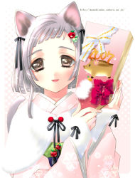 Rule 34 | 00s, 1girl, 2007, animal ears, blunt bangs, bob cut, brown eyes, capelet, cat ears, cat tail, holding, japanese clothes, kamiya maneki, kimono, looking at viewer, open mouth, silver hair, smile, snowflakes, solo, tail, tareme, upper body, watermark, web address