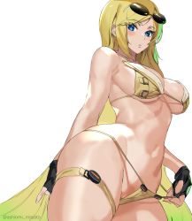 Rule 34 | 1girl, ashiomi masato, bikini, bikini pull, black gloves, blonde hair, blue eyes, breasts, cleavage, clothes pull, eyewear on head, fingerless gloves, gloves, guilty gear, guilty gear strive, highres, large breasts, looking at viewer, millia rage, solo, sunglasses, swimsuit, thick thighs, thigh strap, thighs, yellow bikini