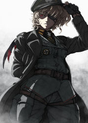 Rule 34 | 1girl, arm behind back, badge, belt, black gloves, blonde hair, buckle, coat, cross, eyepatch, fingerless gloves, flandre scarlet, gloves, hat, holding, holding clothes, holding hat, imizu (nitro unknown), iron cross, military, military uniform, nazi, pants, parted lips, peaked cap, red eyes, short hair, side ponytail, simple background, solo, swastika, thigh strap, touhou, uniform, white background, wings