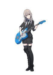 Rule 34 | 1girl, absurdres, asymmetrical footwear, asymmetrical sleeves, black jacket, black necktie, black shorts, black thighhighs, boots, closed mouth, collared shirt, commentary, electric guitar, fender jazzmaster, full body, gan xing naobing, garter straps, girls band cry, grey eyes, grey hair, guitar, highres, holding, holding guitar, holding instrument, instrument, jacket, kawaragi momoka, long hair, long sleeves, necktie, open clothes, open jacket, shirt, shorts, simple background, single thigh boot, sleeves past elbows, solo, standing, striped necktie, thigh boots, thighhighs, white background, white shirt