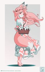 Rule 34 | 1girl, absurdres, animal ears, animal nose, artist name, barefoot, basket, body fur, brand new animal, commentary request, dated, dress, flower, fox ears, fox girl, fox tail, full body, furry, furry female, head wreath, highres, hiwatashi nazuna, long hair, looking at viewer, michirutnk, pink fur, pink hair, pixiv logo, resolution mismatch, snout, solo, source smaller, tail, twitter logo, twitter username, white fur