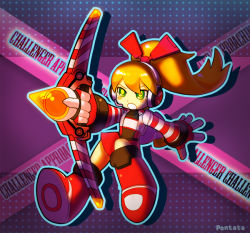 Rule 34 | 1girl, blonde hair, boots, bow (weapon), call (mighty no. 9), call f, green eyes, headphones, headset, knee boots, long hair, mighty no. 9, pontata, ponytail, solo, weapon
