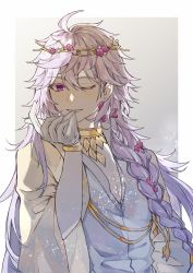 Rule 34 | 1boy, ahoge, alternate hairstyle, biting, braid, commentary request, fate/grand order, fate (series), flower, gloves, hair between eyes, hair flower, hair ornament, hand up, head wreath, highres, light particles, long hair, long sleeves, looking at viewer, male focus, merlin (fate), official alternate costume, one eye closed, pink flower, purple eyes, shirt, single braid, smile, solo, teeth, uncleko5, upper body, very long hair, white flower, white gloves, white hair, white shirt, wrench