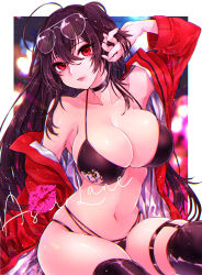 Rule 34 | 1girl, ahoge, arm up, armpits, azur lane, bare shoulders, bikini, black bikini, black choker, black hair, black thighhighs, breasts, choker, cleavage, collarbone, commentary request, copyright name, crossed bangs, eyewear on head, hair between eyes, highleg, highleg bikini, highres, jacket, large breasts, long hair, long sleeves, looking at viewer, midriff, multi-strapped bikini bottom, multiple straps, nail polish, navel, off shoulder, official alternate costume, one side up, open clothes, open jacket, parted lips, race queen, red eyes, red jacket, shichijou natori, sidelocks, sitting, skindentation, skirt, solo, stomach, sunglasses, swimsuit, taihou (azur lane), taihou (enraptured companion) (azur lane), thigh strap, thighhighs, underboob, very long hair, white nails