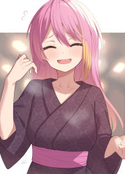 Rule 34 | 1girl, :d, ^ ^, binsen, blonde hair, blurry, blurry background, blush, brown kimono, closed eyes, collarbone, commentary request, closed eyes, highres, idolmaster, idolmaster million live!, japanese clothes, kimono, long hair, maihama ayumu, multicolored hair, open mouth, pink hair, print kimono, sash, simple background, smile, solo, two-tone background, two-tone hair, white background