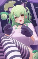 Rule 34 | 1girl, alternate costume, animal ears, animal hands, black choker, blush, bokuboyarts, cat ears, cat girl, ceres fauna, choker, claw pose, commentary, earrings, english commentary, facing viewer, fangs, gloves, green hair, hair between eyes, highres, hololive, hololive english, jewelry, knees up, looking at viewer, mole, mole under eye, night, night sky, open mouth, paw gloves, sapling (ceres fauna), sitting, sky, slit pupils, striped clothes, striped thighhighs, thighhighs, thighs, two side up, virtual youtuber, window, yellow eyes