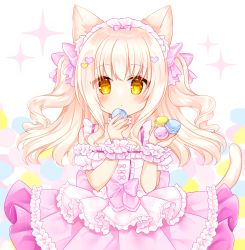 Rule 34 | 1girl, animal ears, apron, bare shoulders, blonde hair, blush, bow, breasts, brown eyes, cat ears, cat girl, cat tail, closed mouth, commentary, detached sleeves, food, frilled apron, frilled skirt, frills, hair bow, hands up, highres, holding, holding food, looking at viewer, macaron, original, pink bow, pink skirt, puffy short sleeves, puffy sleeves, shikito (yawa0w0), shirt, short sleeves, skirt, small breasts, solo, sparkle, tail, two side up, waist apron, white apron, white background, white shirt, white sleeves, wrist cuffs
