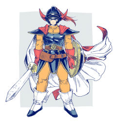 Rule 34 | 1boy, armor, cape, dragon quest, dragon quest i, fake horns, full body, gloves, helmet, hero (dq1), holding, holding sword, holding weapon, horned helmet, male focus, shield, simple background, solo, sword, weapon, yuza