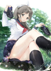 Rule 34 | 1girl, :q, black sailor collar, black skirt, black socks, blurry, blurry background, blush, breasts, brown eyes, brown hair, closed mouth, commentary request, crossed legs, depth of field, hair ribbon, highres, holding, holding shoes, loafers, long hair, long sleeves, macciatto (aciel02), medium breasts, midriff peek, neckerchief, original, parted bangs, pleated skirt, ponytail, red neckerchief, ribbon, sailor collar, school uniform, serafuku, shirt, shoes, unworn shoes, sitting, skirt, smile, socks, solo, splashing, tongue, tongue out, water, wet, white ribbon, white shirt
