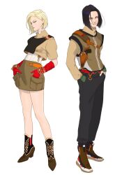 Rule 34 | 1boy, 1girl, android 17, android 18, ankle boots, black pants, blonde hair, bob cut, boots, bracelet, breasts, brown footwear, brown shirt, brown skirt, brown vest, closed mouth, commentary, crop top, crop top overhang, cropped jacket, dragon ball, dragonball z, earrings, english commentary, frown, full body, gloves, gun, hair behind ear, handgun, hands in pockets, high heel boots, high heels, highres, holster, holstered, inverted bob, jewelry, large breasts, lipstick, long sleeves, makeup, miniskirt, pants, parted hair, pencil skirt, pocket, red gloves, rye d0, shirt, shoes, short hair, short sleeves, shoulder holster, simple background, skirt, sleeves past wrists, smirk, standing, turtleneck, vest, weapon, white background, white shirt, wing collar