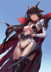 Rule 34 | 1girl, black gloves, blue background, breasts, brown hair, cape, closed mouth, cowboy shot, gloves, green eyes, guihuo inferno, highres, horns, leotard, long hair, looking at viewer, medium breasts, original, revealing clothes, solo, thighhighs
