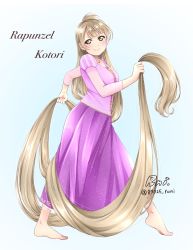 Rule 34 | 1girl, absurdly long hair, barefoot, blue background, character name, cosplay, full body, furrowed brow, highres, holding, holding hair, long hair, love live!, love live! school idol project, minami kotori, rapunzel (disney), rapunzel (disney) (cosplay), runi (87025), signature, tangled, twitter username, very long hair