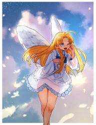 Rule 34 | 1girl, absurdres, ahoge, artist name, backlighting, blonde hair, blue bow, border, bow, cloud, commentary, dress, english commentary, feathered wings, feathers, female focus, filo (tate no yuusha no nariagari), flat chest, highres, huge ahoge, hymin, long hair, one eye closed, open mouth, outside border, pinup (style), see-through, see-through dress, sky, solo, tate no yuusha no nariagari, white border, white dress, wings