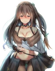 Rule 34 | 1girl, absurdres, poking belly, belt, black pantyhose, blush, breasts, brown hair, buckle, choker, cleavage, closed mouth, collarbone, cowboy shot, crop top, cropped jacket, downcast eyes, finger in navel, girls&#039; frontline, gloves, groin, hair between eyes, hair ornament, hair ribbon, half-closed eyes, highres, holding, holding clothes, holding skirt, jacket, k2 (girls&#039; frontline), large breasts, long hair, looking at viewer, low-tied long hair, miniskirt, off shoulder, pantyhose, partially fingerless gloves, pressing, ribbon, septet (zrca janne), simple background, skirt, smile, solo, stomach, strap, sweat, sweatdrop, tearing up, thighband pantyhose, upper body, very long hair, white background