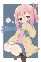 Rule 34 | 1girl, ayanepuna, black socks, blue scarf, blue skirt, blush, borrowed character, brown eyes, brown footwear, brown jacket, commentary request, covered mouth, fringe trim, full body, grey background, hair between eyes, hair ornament, hairclip, head tilt, highres, jacket, loafers, long hair, long sleeves, looking at viewer, open clothes, open jacket, original, pink hair, pink sweater, pleated skirt, scarf, shirt, shoes, side ponytail, sidelocks, skirt, sleeves past wrists, socks, solo, sweater, two-tone background, white background, white shirt