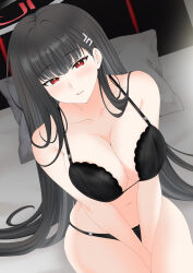 Rule 34 | 1girl, black bra, black hair, blue archive, bra, breasts, cleavage, collarbone, highres, kagura ittou, long hair, looking at viewer, on bed, red eyes, rio (blue archive), sitting, solo, underwear