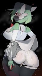 Rule 34 | 1girl, absurdres, after vaginal, aftersex, ass, bad id, bad twitter id, black background, black mask, blush, breasts, condom, creatures (company), cum, cum in pussy, cum on body, from behind, game freak, gardevoir, gen 3 pokemon, green hair, grey jacket, highres, holding, holding condom, jacket, large breasts, long sleeves, looking at viewer, mask, mouth mask, nintendo, pokemon, pokemon (creature), red eyes, shirt, short hair, simple background, sweat, track jacket, white shirt, yuio58ok