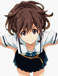 Rule 34 | 10s, 1girl, belt, bent over, bow, bowtie, brown eyes, brown hair, downblouse, hands on own hips, light smile, looking at viewer, pleated skirt, ponytail, robotics;notes, saipaco, school uniform, senomiya akiho, serafuku, simple background, skirt, solo, v-shaped eyebrows, white background