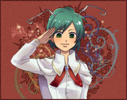 Rule 34 | 1girl, antennae, blush, bow, bowtie, breasts, cape, closed mouth, collared shirt, commentary request, green eyes, green hair, long sleeves, looking at viewer, red background, red bow, red bowtie, salute, shin&#039;ichi (yokosuka220), shirt, short hair, small breasts, smile, solo, touhou, upper body, white cape, white shirt, wriggle nightbug