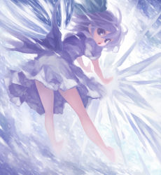 Rule 34 | 1girl, :o, bare legs, barefoot, blue eyes, blue hair, bow, cirno, from behind, hair bow, ice, ice wings, iseki (kuroshura no tabiji), iseki (otameshi), leaning forward, looking at viewer, looking back, magic, matching hair/eyes, outstretched arms, short hair, solo, touhou, wings