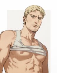 Rule 34 | 1boy, abs, bad id, bad twitter id, bara, bare pectorals, blonde hair, closed mouth, clothes lift, dudlesnoodles, facial hair, highres, large pectorals, looking at viewer, male focus, muscular, muscular male, nipples, pectorals, reiner braun, shingeki no kyojin, short hair, simple background, solo, tank top, white background, white tank top, yellow eyes